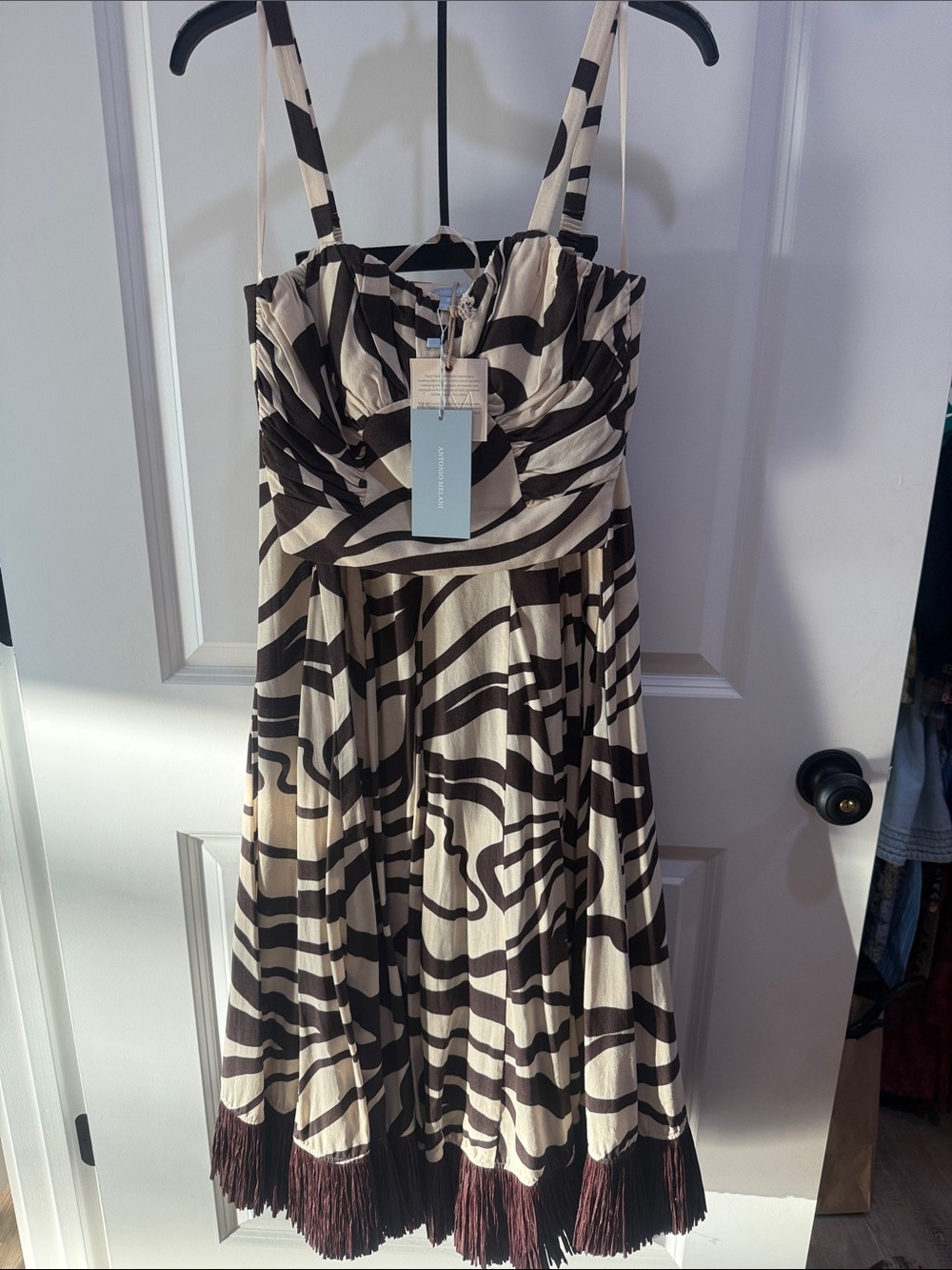 ANTONIO MELANI Brown and Cream Abstract Striped Midi Dress with Fringe